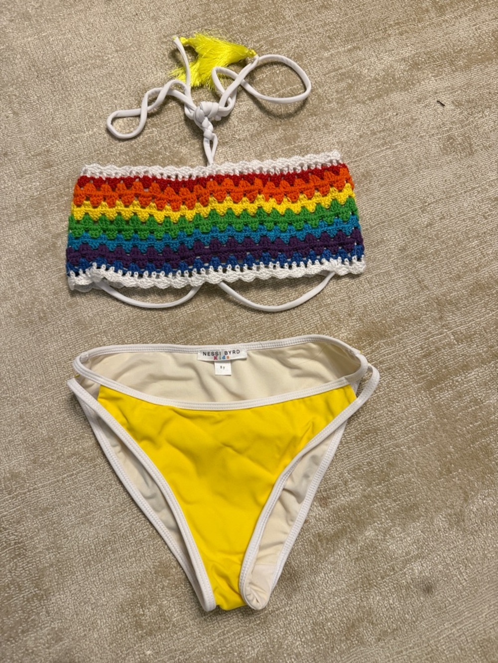 Nessi Byrd Kids (Size 8) Rainbow Crochet Bandeau Top with Yellow Bikini Bottom